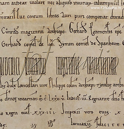 Pergamena2p.jpgInterventi: restauro virtuale - schiaritura del fondo, integrazione della pergamena nelle parti mancanti, e completamento della scrittura (su indicazione di un paleografo) restituzione del colore dell'inchiostro. Ingrandimento dal file della parte piu delicata del restauro virtuale.